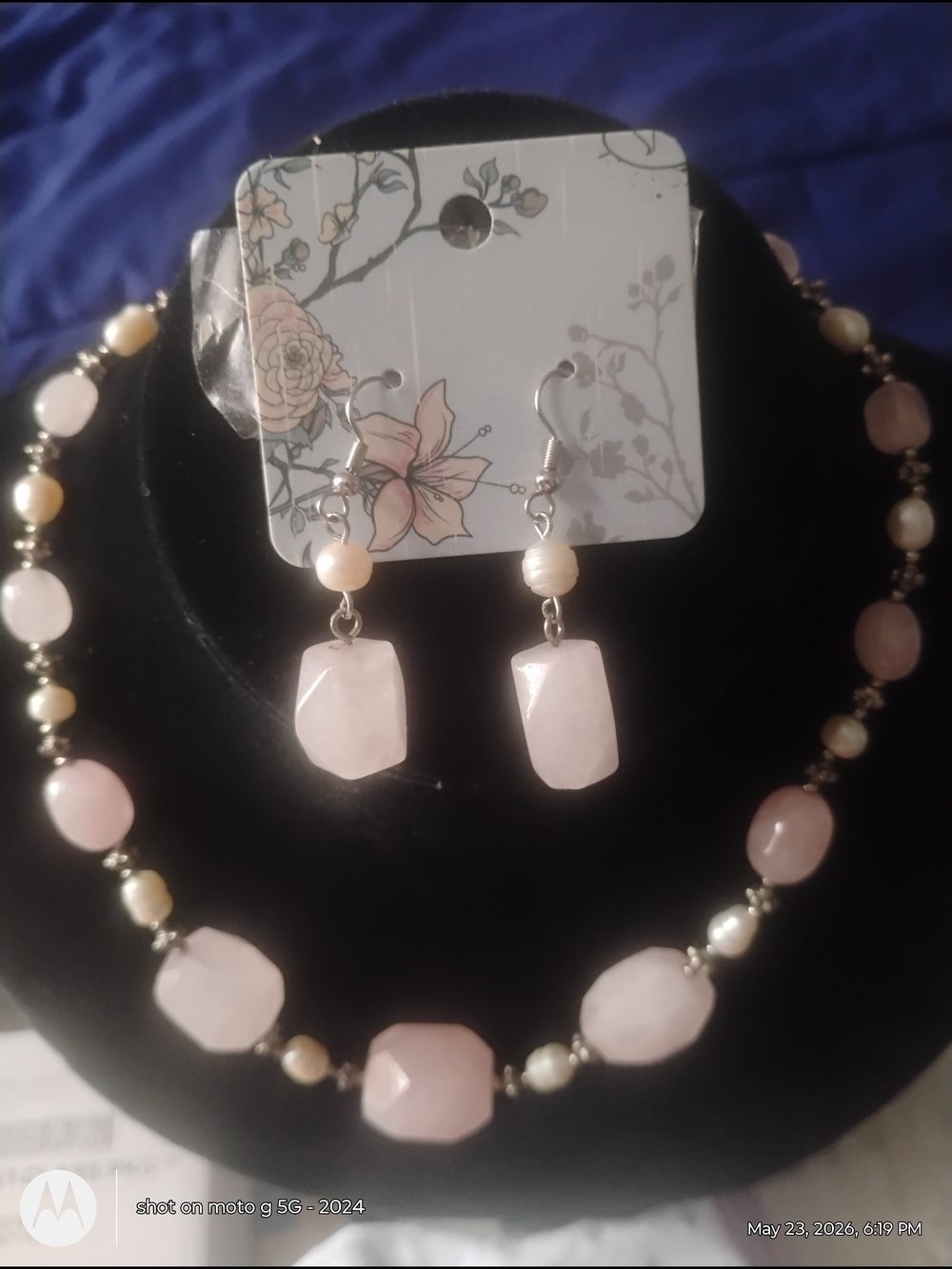 Delicate Pink Rose Quartz and Pearl Necklace with Matching Earrings